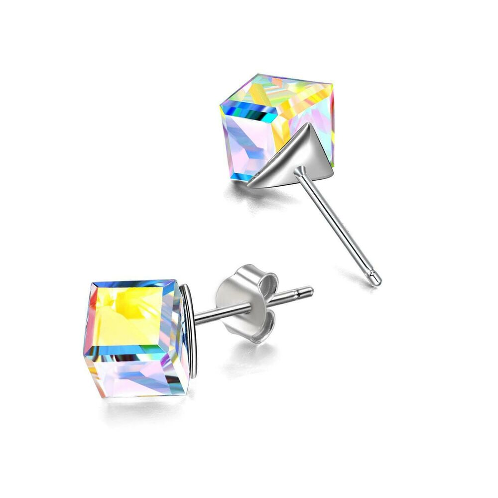 Tilted Cube HYPOALLERGENIC Stud Earrings Swarovski Elements Crystal in AB