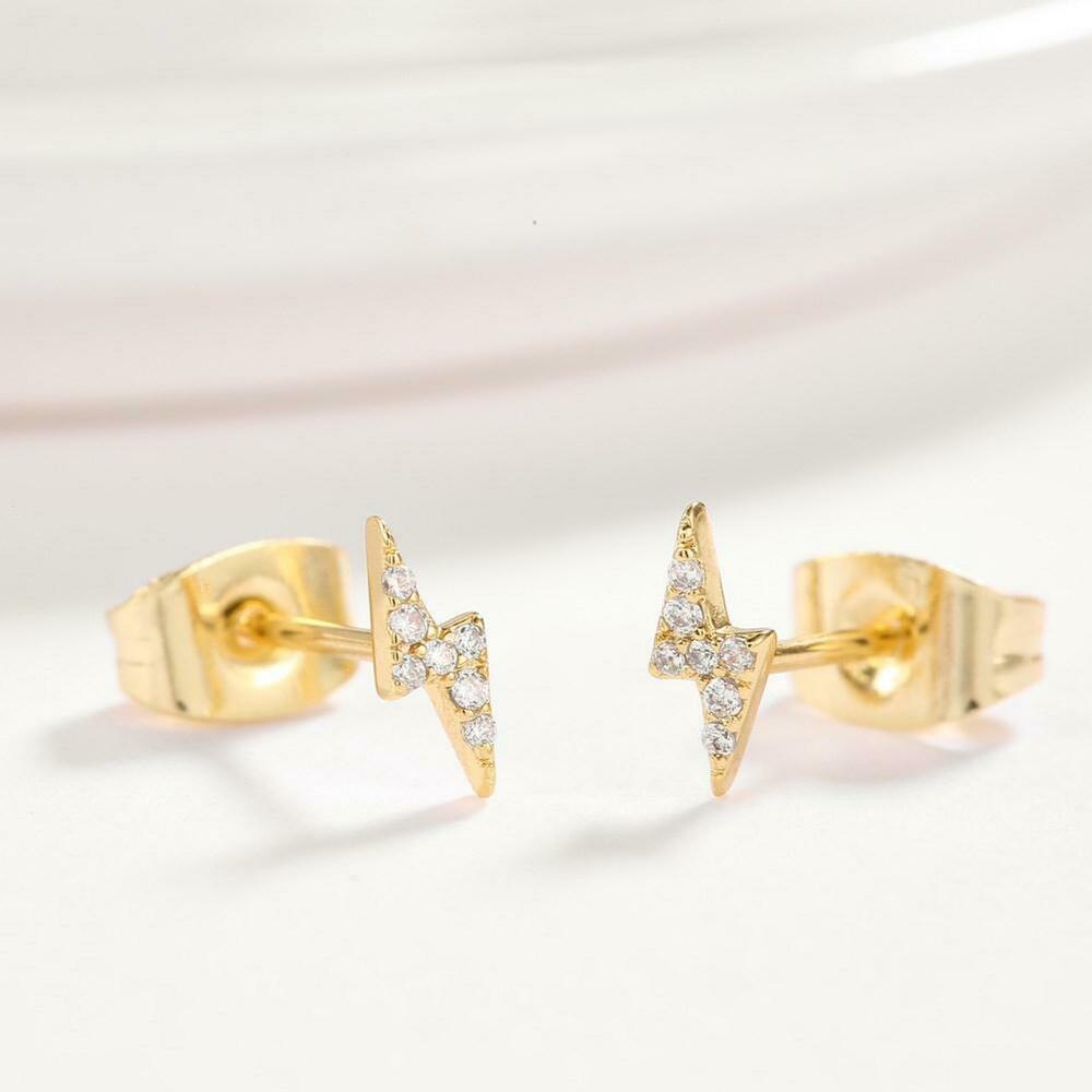 Lightning Bolt Stud Earring in 18K Gold Plated with Crystals