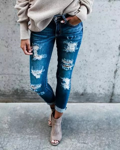 High Waist Ripped Hole Cropped Skinny Jeans