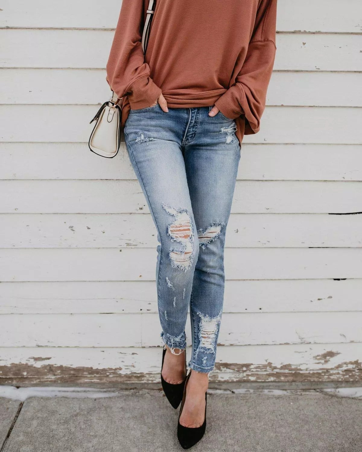 High Waist Ripped Hole Cropped Skinny Jeans