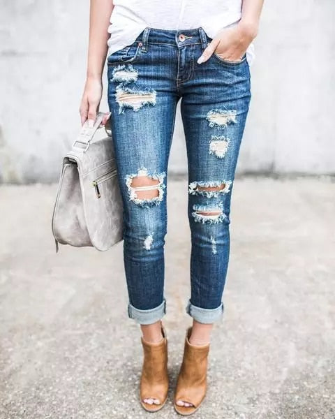 High Waist Ripped Hole Cropped Skinny Jeans