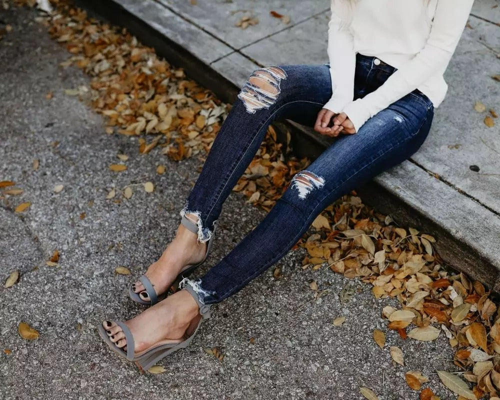 High Waist Ripped Hole Cropped Skinny Jeans