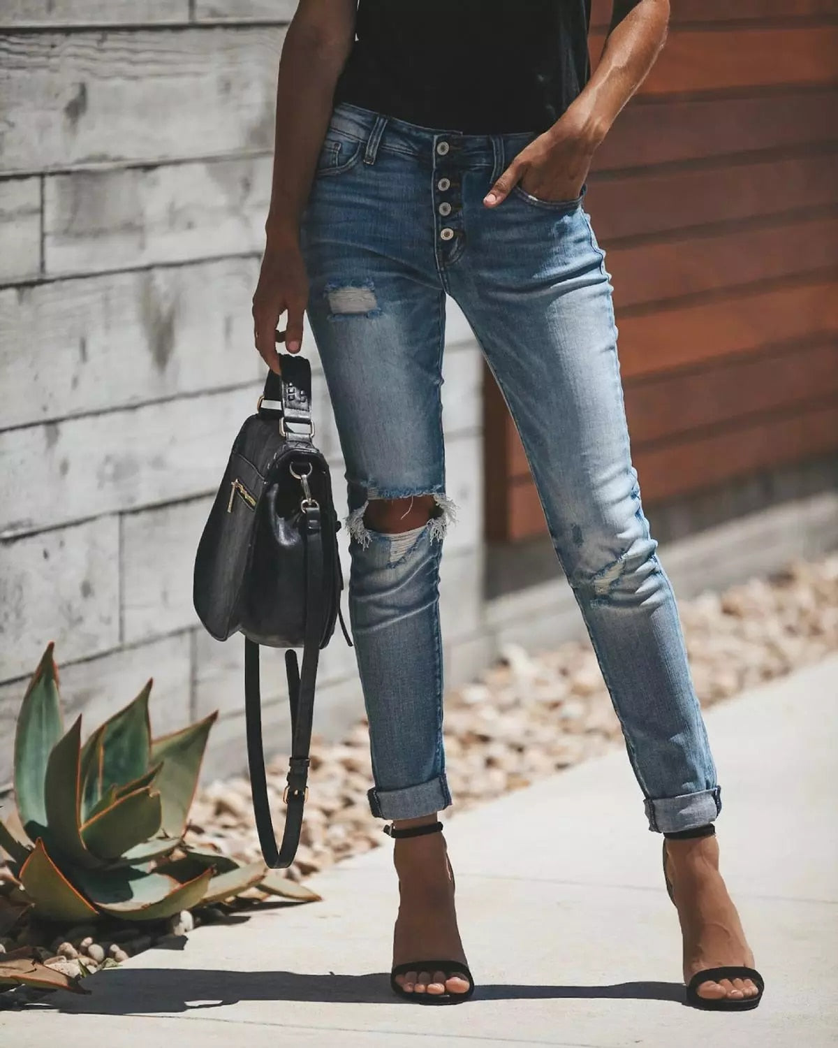 High Waist Ripped Hole Cropped Skinny Jeans