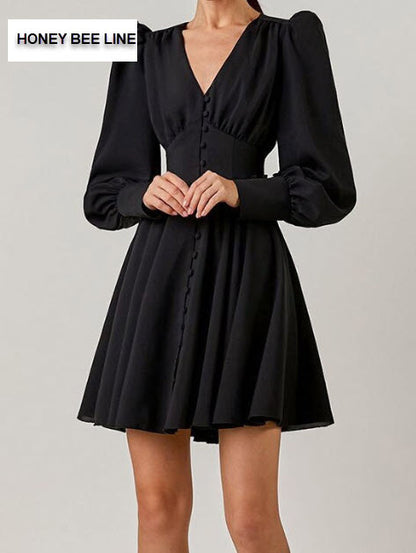 V-neck buttons pleated puff sleeves mini dress