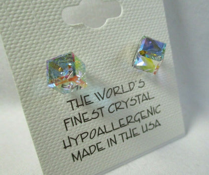 Tilted Cube HYPOALLERGENIC Stud Earrings Swarovski Elements Crystal in AB