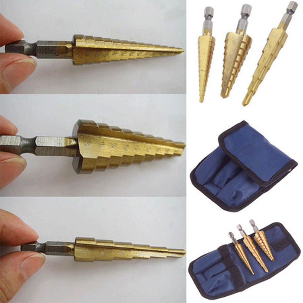 3Pcs Drill Bit Set Titanium Nitride Coated Steel Step Quick Change 1/4 Shank HSS