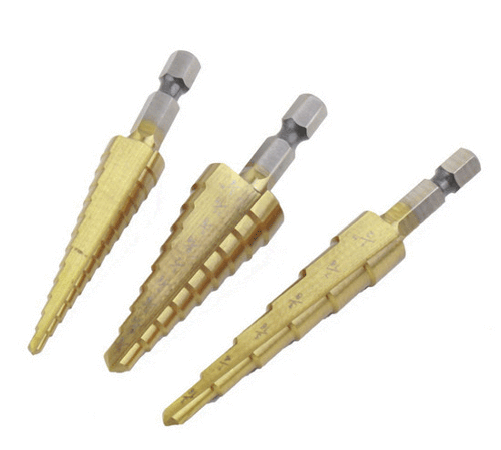 3Pcs Drill Bit Set Titanium Nitride Coated Steel Step Quick Change 1/4 Shank HSS