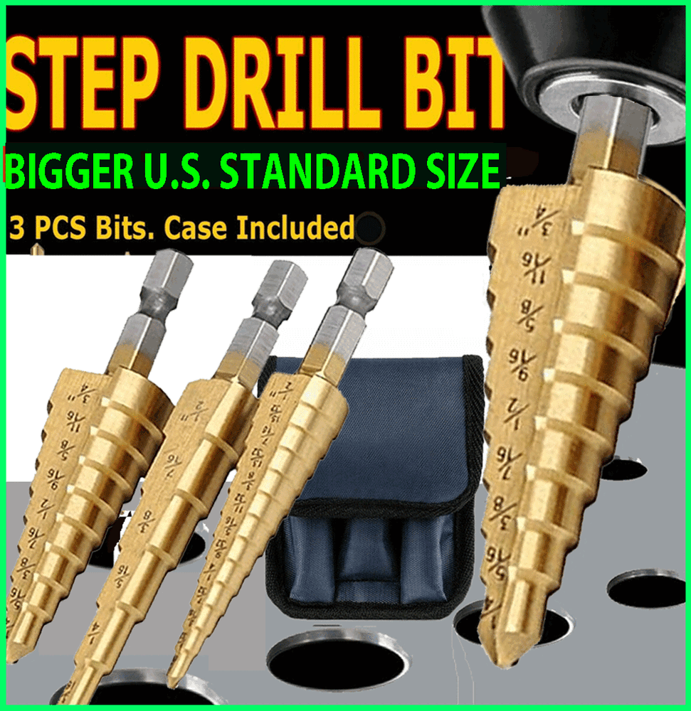 3Pcs Drill Bit Set Titanium Nitride Coated Steel Step Quick Change 1/4 Shank HSS