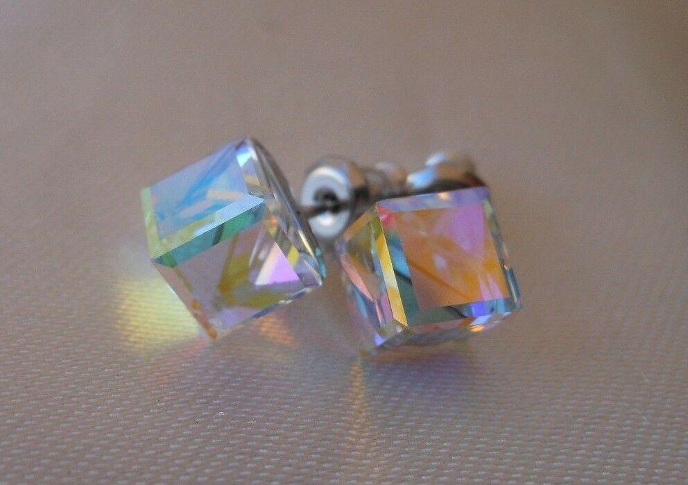 Tilted Cube HYPOALLERGENIC Stud Earrings Swarovski Elements Crystal in AB