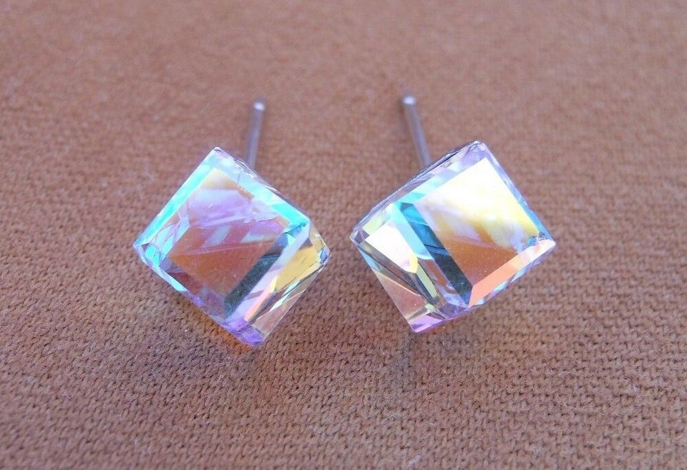 Tilted Cube HYPOALLERGENIC Stud Earrings Swarovski Elements Crystal in AB