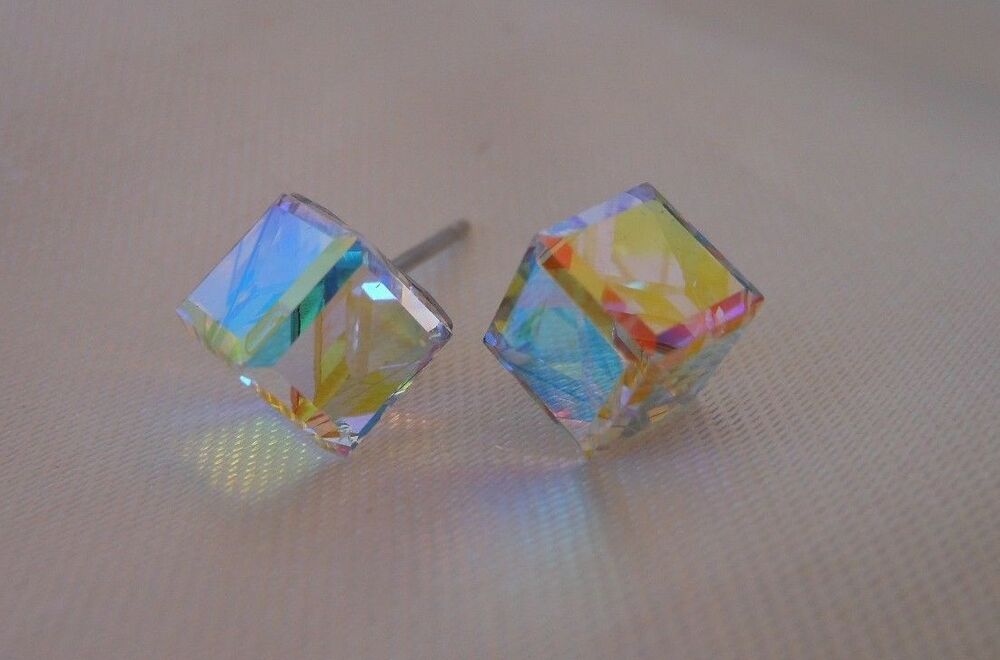 Tilted Cube HYPOALLERGENIC Stud Earrings Swarovski Elements Crystal in AB