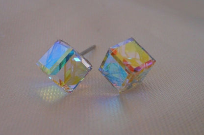 Tilted Cube HYPOALLERGENIC Stud Earrings Swarovski Elements Crystal in AB