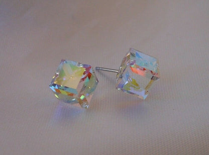 Tilted Cube HYPOALLERGENIC Stud Earrings Swarovski Elements Crystal in AB