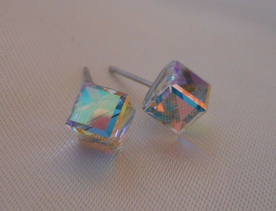 Tilted Cube HYPOALLERGENIC Stud Earrings Swarovski Elements Crystal in AB