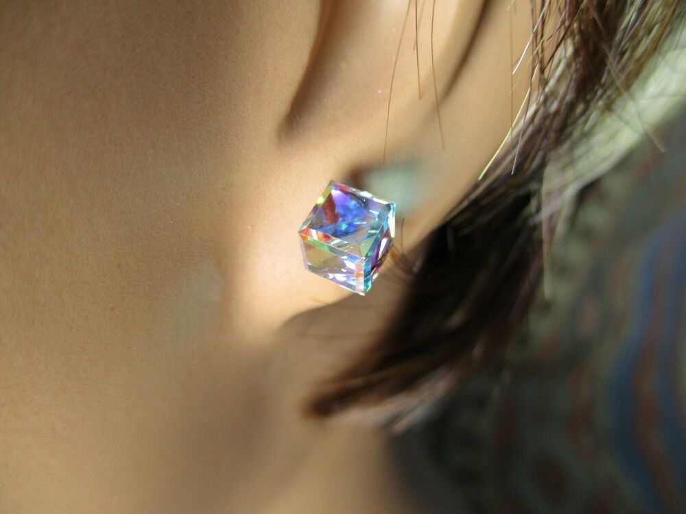 Tilted Cube HYPOALLERGENIC Stud Earrings Swarovski Elements Crystal in AB