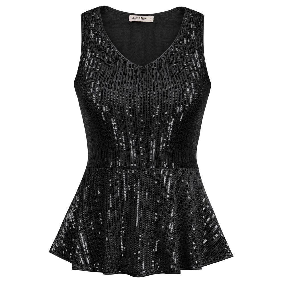 Casual Tops Women Shirts Stunning Sequined Tops Sleeveless V-Neck Peplum Hem Slim Fit Summer Blouses Clothes Female Ladies 2020