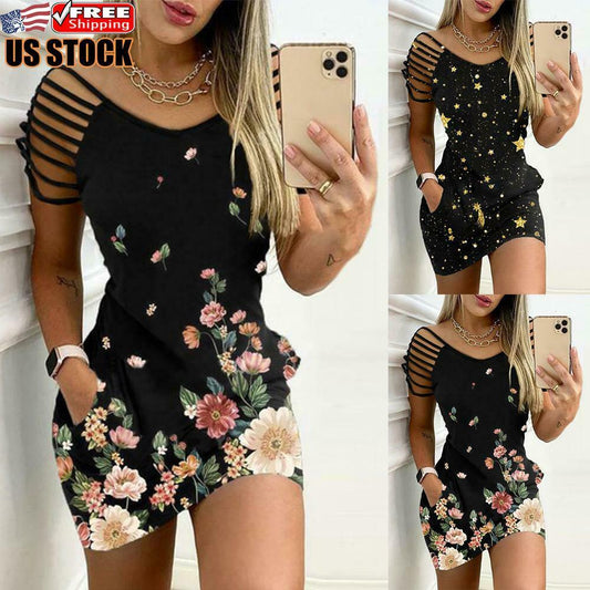 Printed Cold Shoulder Mini Bodycon Dress