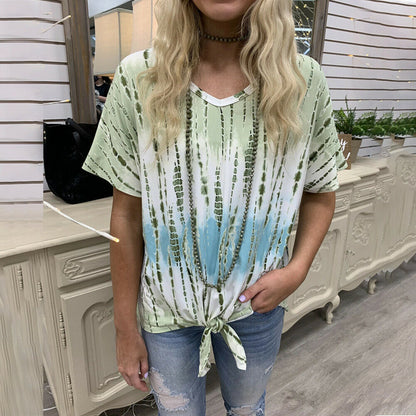 Casual Loose Tie Dye Printed Round Neck Short Sleeve Tops