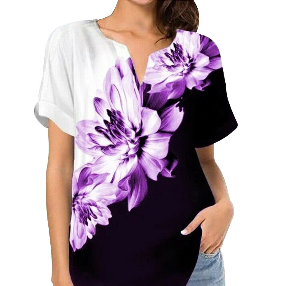 Women's V Neck Printed Tops Baggy T-shirt