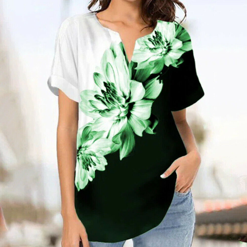 Women's V Neck Printed Tops Baggy T-shirt