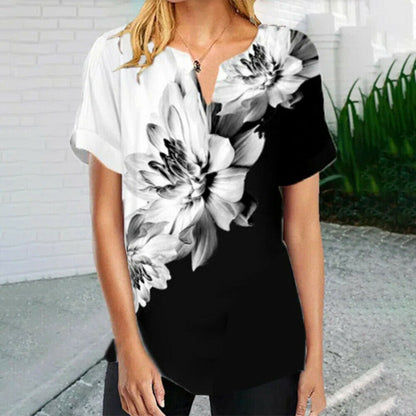 Women's V Neck Printed Tops Baggy T-shirt