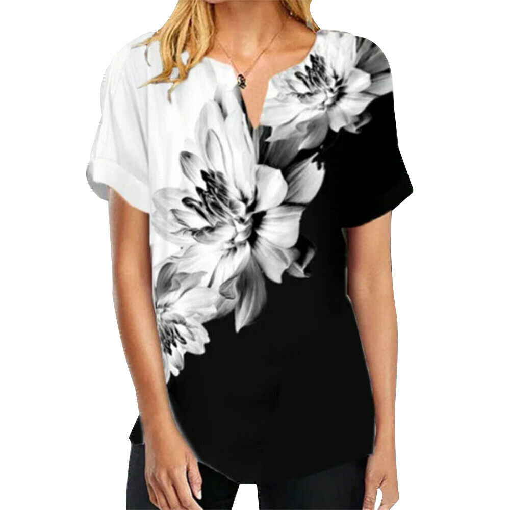 Women's V Neck Printed Tops Baggy T-shirt