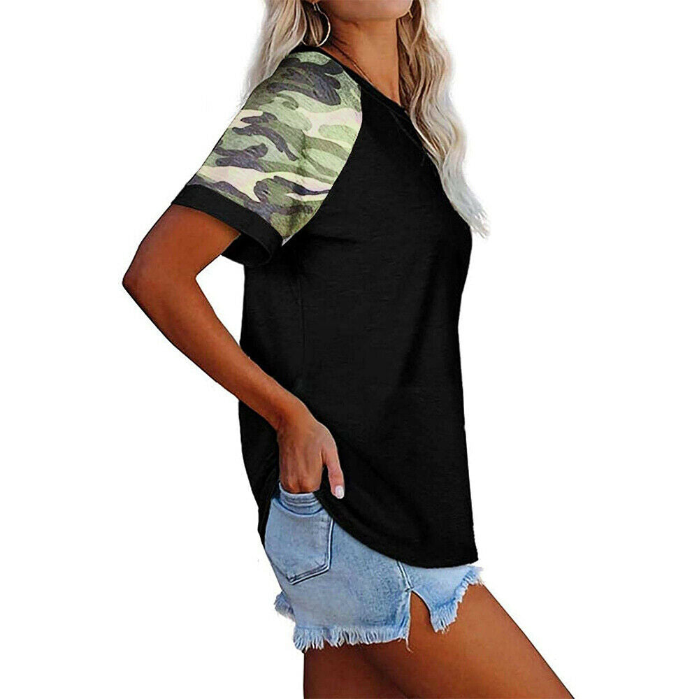 Women Casual Loose Camo Patchwork T-Shirt