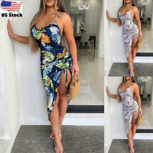 Sleeveless Strappy Floral Print Bodycon Midi Dress