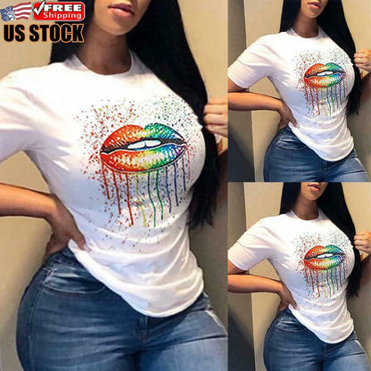 Women Lips Printed Short Sleeve T Shirt Tops