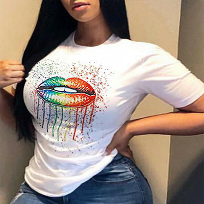 Women Lips Printed Short Sleeve T Shirt Tops