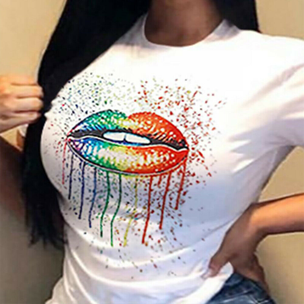 Women Lips Printed Short Sleeve T Shirt Tops