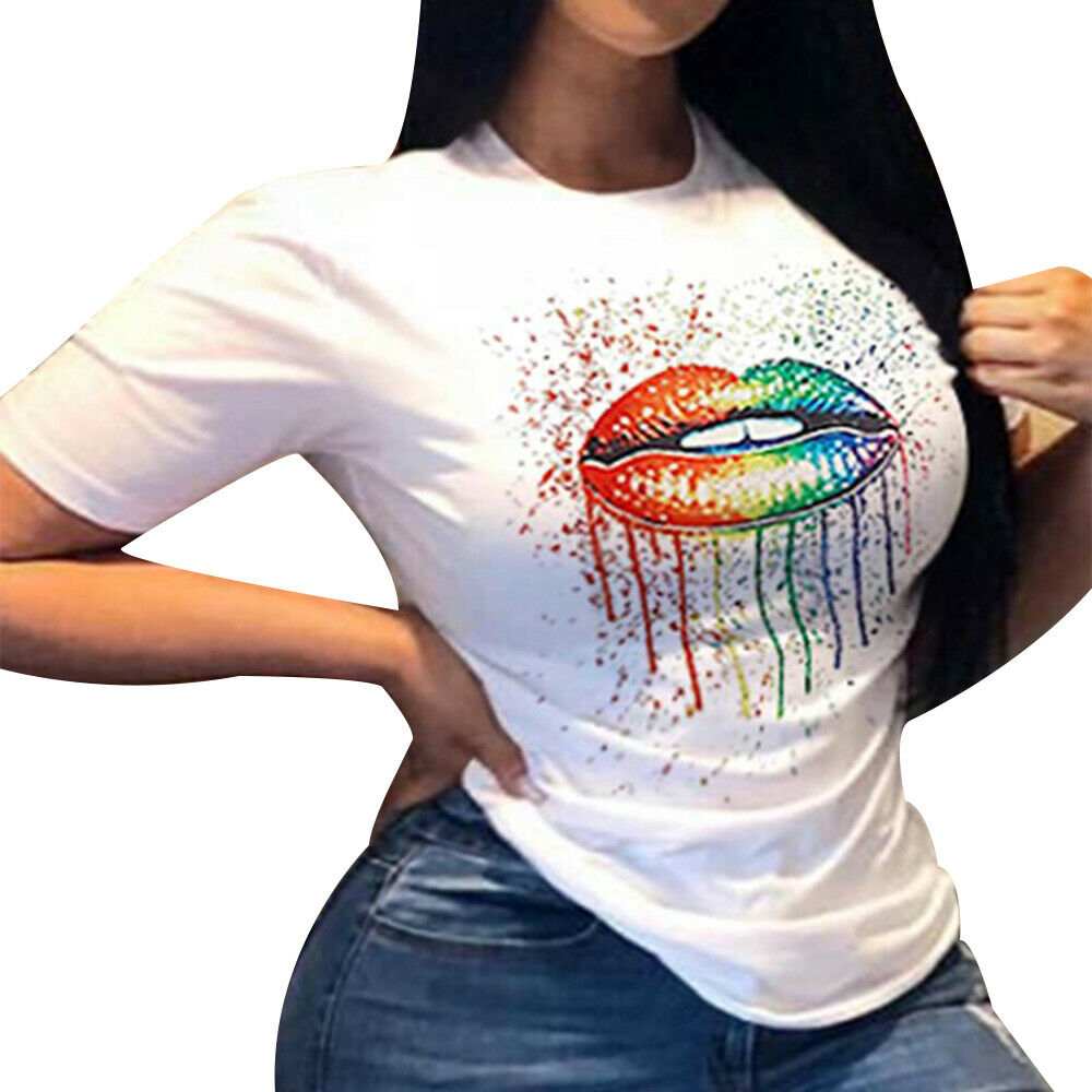 Women Lips Printed Short Sleeve T Shirt Tops