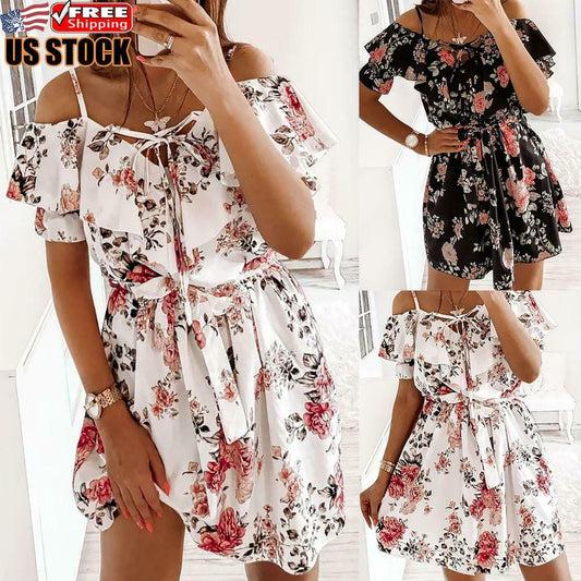 Cold Shoulder Floral Boho Mini Dress