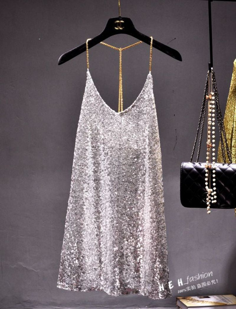 Dresses for Women Party Metal Chain Hanging Neck Long Render In Sequined Dress Sexy Backless Dress Nightclub Female Costumes