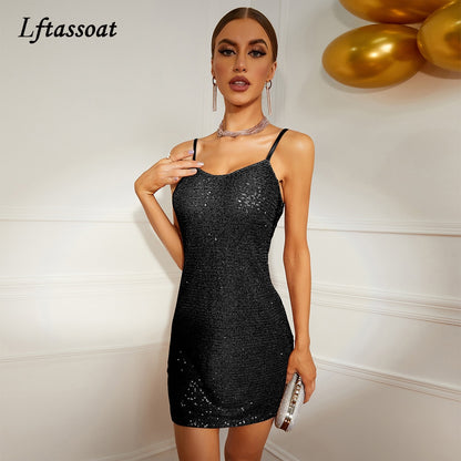 2022 Summer Rose Gold Sequined Dress Backless Sexy Dress Women Off Shoulder Mini Gold Dress Christmas Party Club Strap Dresses