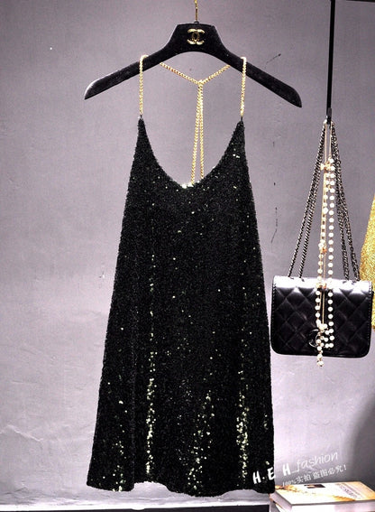 Dresses for Women Party Metal Chain Hanging Neck Long Render In Sequined Dress Sexy Backless Dress Nightclub Female Costumes