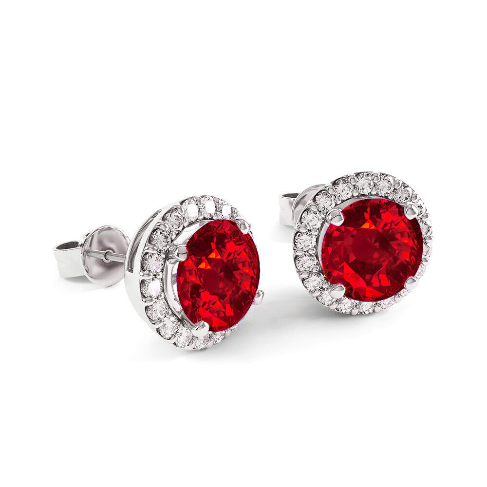 Natural RED and White Topaz Halo Stud Earrings