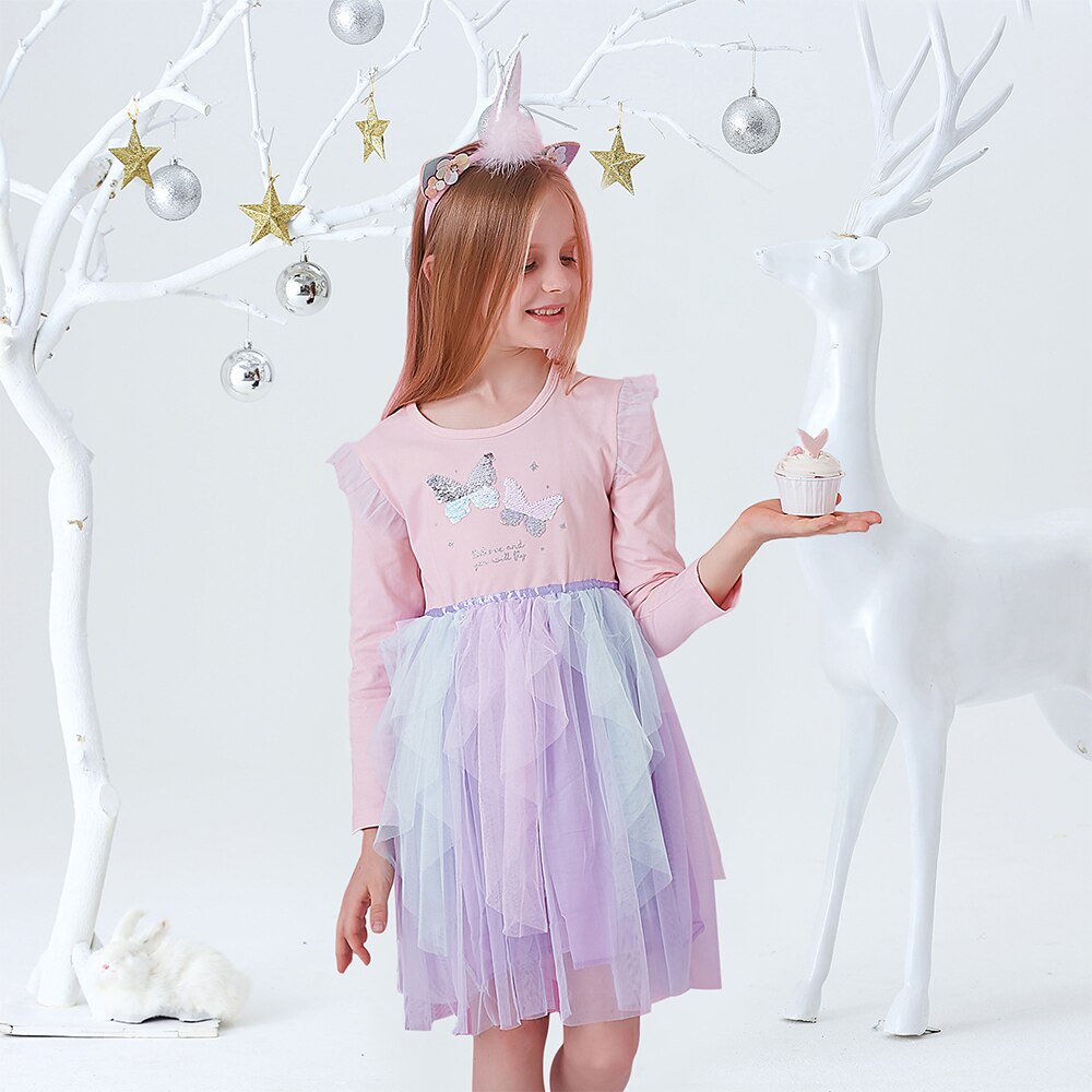 DXTON Girls Sequined Dresses Children Unicorn Print Dress Long Sleeve Birthday Party Dress Toddlers Girls Tulle Princess Dresses