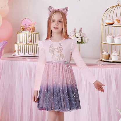 DXTON Girls Sequined Dresses Children Unicorn Print Dress Long Sleeve Birthday Party Dress Toddlers Girls Tulle Princess Dresses