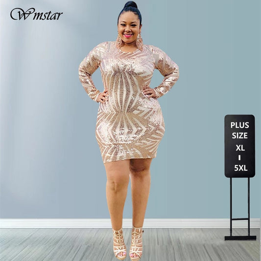 Wmstar Plus Size Sequins Dress Women 2022 Wholesale Mesh Patchwork Party Bodycon Elegant Sexy Spring Mini Dresses Dropshipping