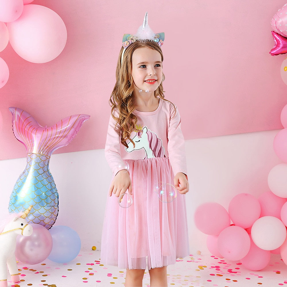 DXTON Girls Sequined Dresses Children Unicorn Print Dress Long Sleeve Birthday Party Dress Toddlers Girls Tulle Princess Dresses