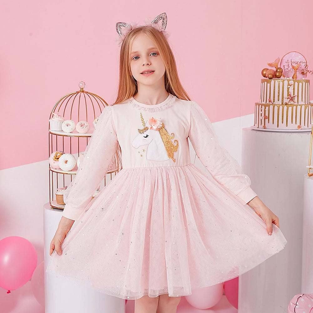 DXTON Girls Sequined Dresses Children Unicorn Print Dress Long Sleeve Birthday Party Dress Toddlers Girls Tulle Princess Dresses