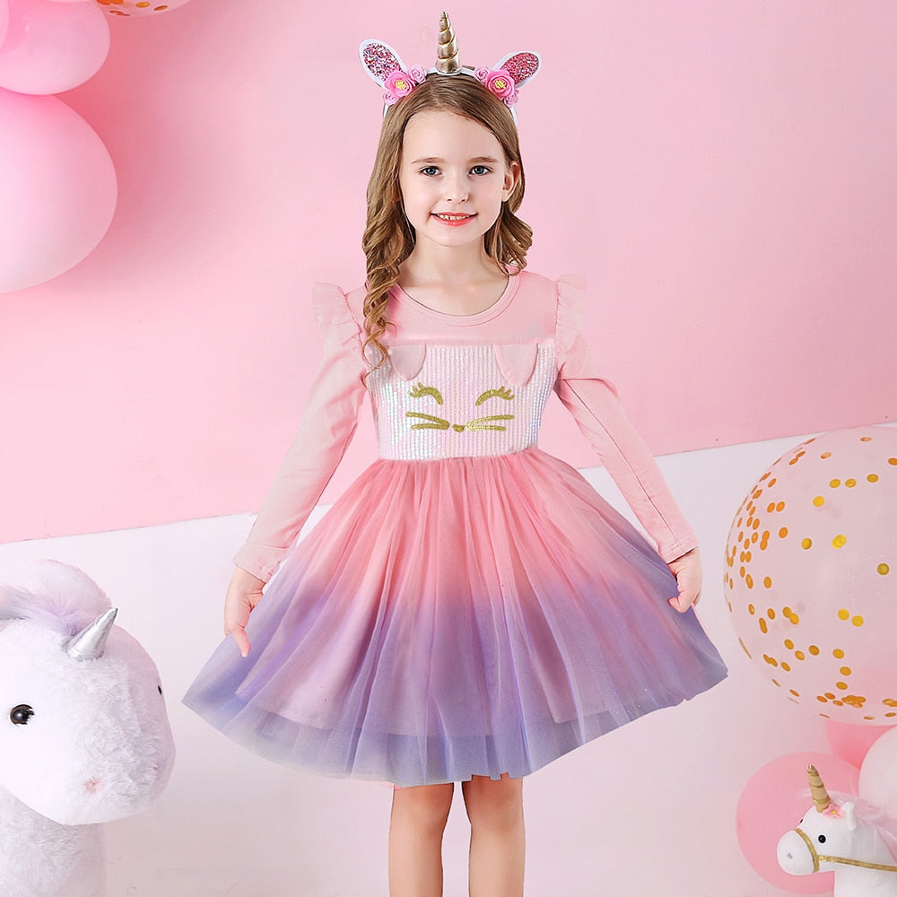 DXTON Girls Sequined Dresses Children Unicorn Print Dress Long Sleeve Birthday Party Dress Toddlers Girls Tulle Princess Dresses