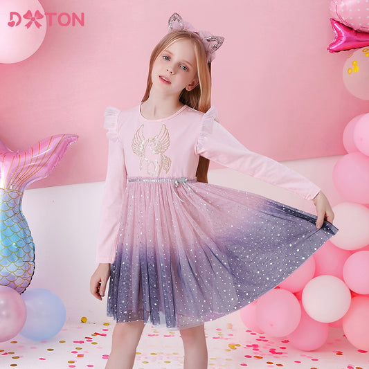 DXTON Girls Sequined Dresses Children Unicorn Print Dress Long Sleeve Birthday Party Dress Toddlers Girls Tulle Princess Dresses