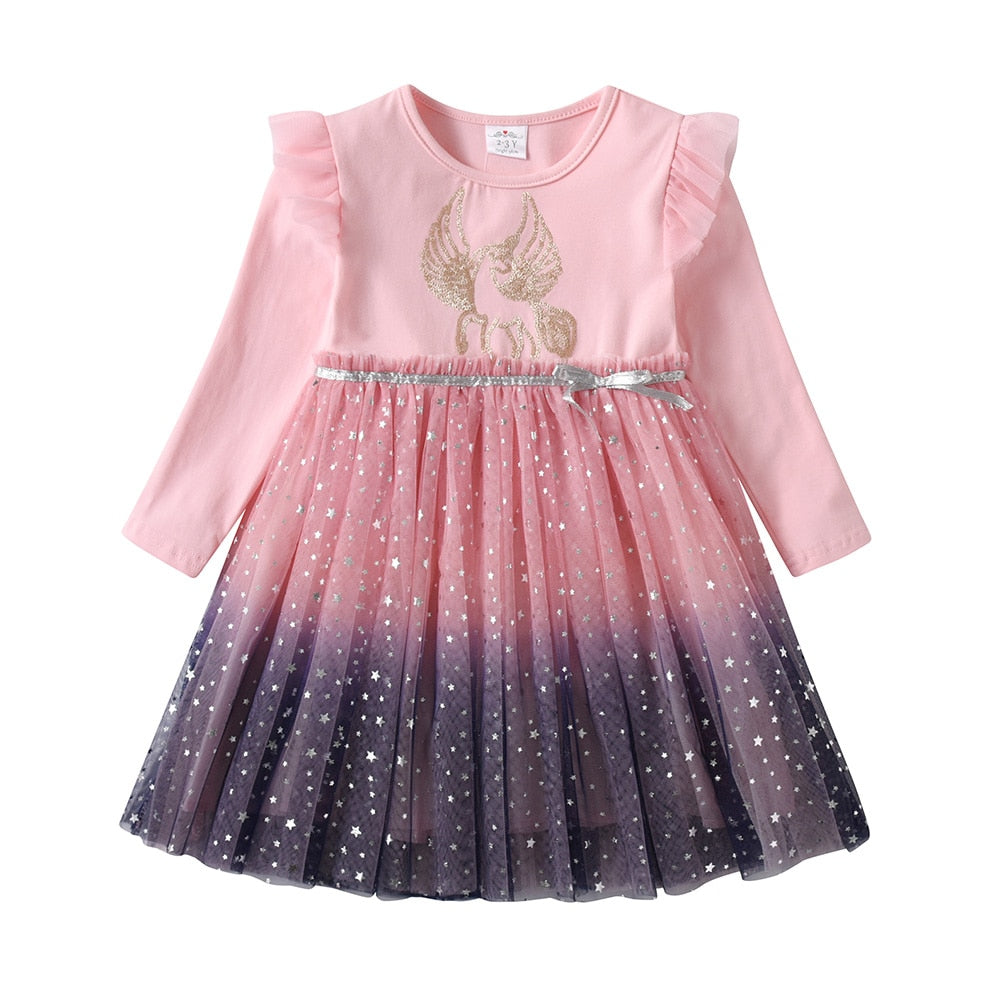 DXTON Girls Sequined Dresses Children Unicorn Print Dress Long Sleeve Birthday Party Dress Toddlers Girls Tulle Princess Dresses