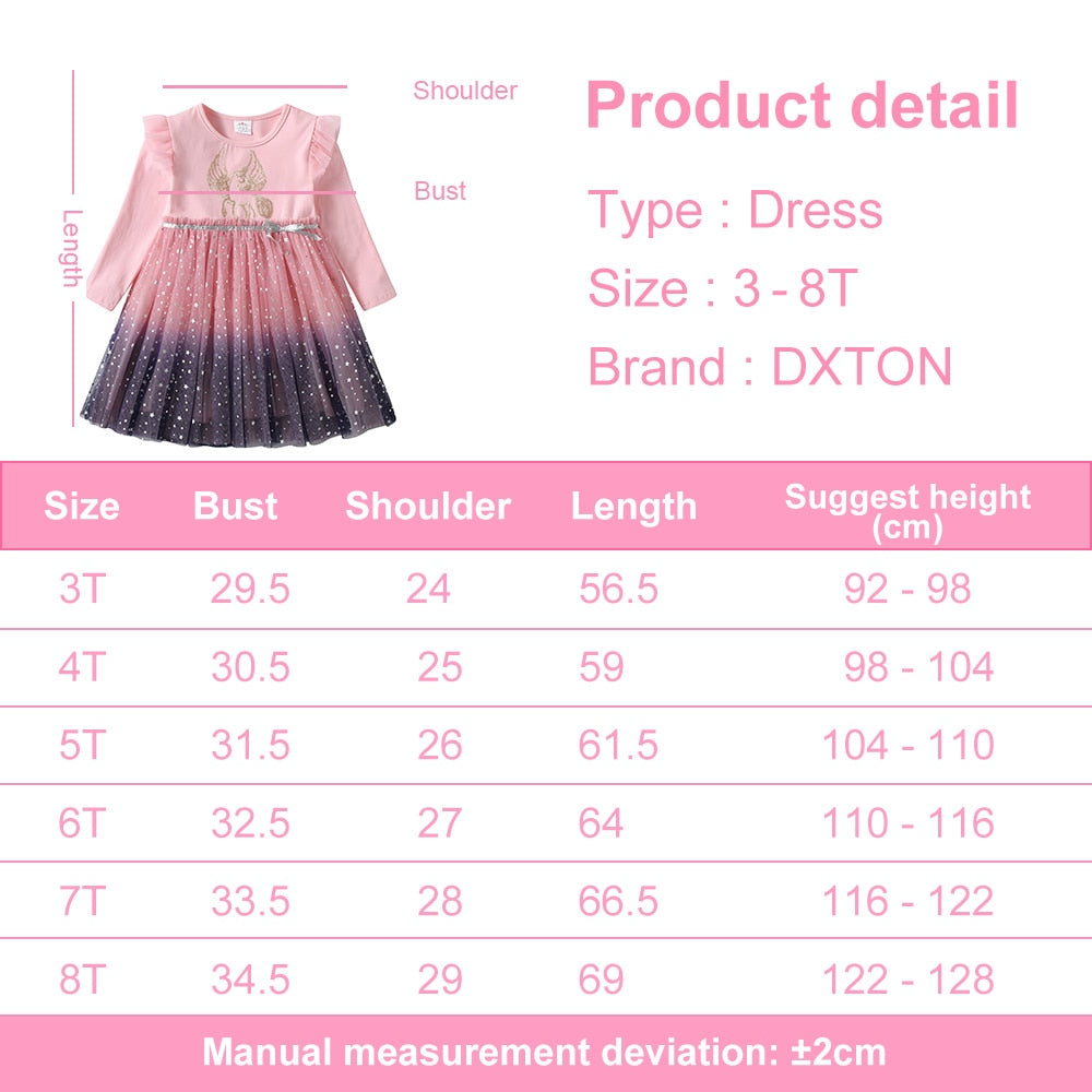 DXTON Girls Sequined Dresses Children Unicorn Print Dress Long Sleeve Birthday Party Dress Toddlers Girls Tulle Princess Dresses