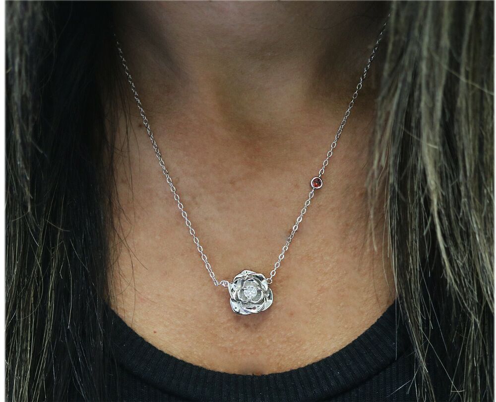 Sterling Silver CZ Stone Flower Pendant Necklace