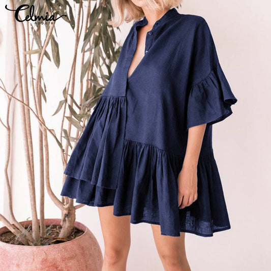 V-neck Half Sleeve Button Casual Loose Shirt Dress