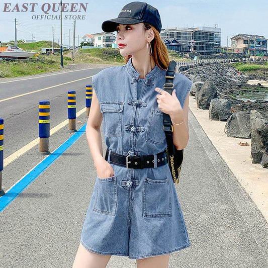 Pocket Buttons Sleeveless Belt Vintage Denim Dungarees