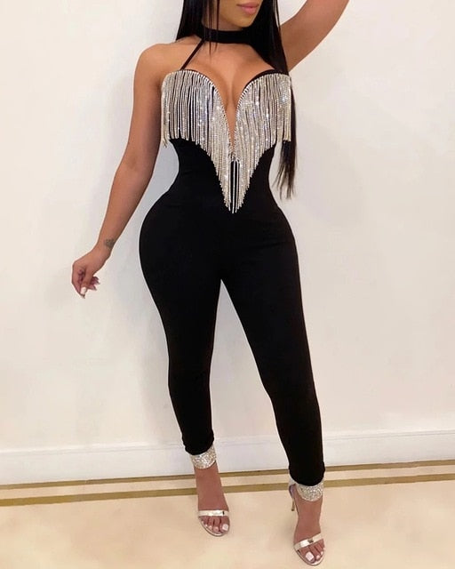 Women Sleeveless V Neck Pants Jumpsuit